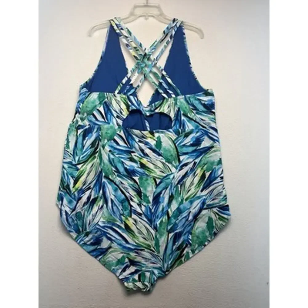 Terra & Sky One-Piece Swimsuit 5X Plus Tropical Crossback Blue/Green beach pool